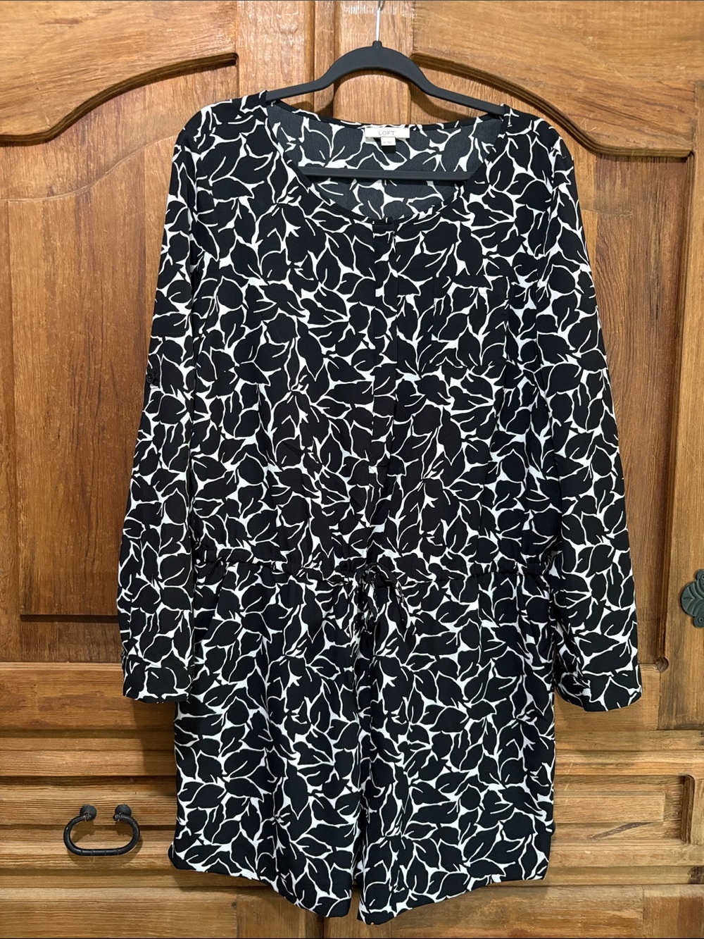 LOFT Black and White Leaf-Print Romper with Drawstring Waist